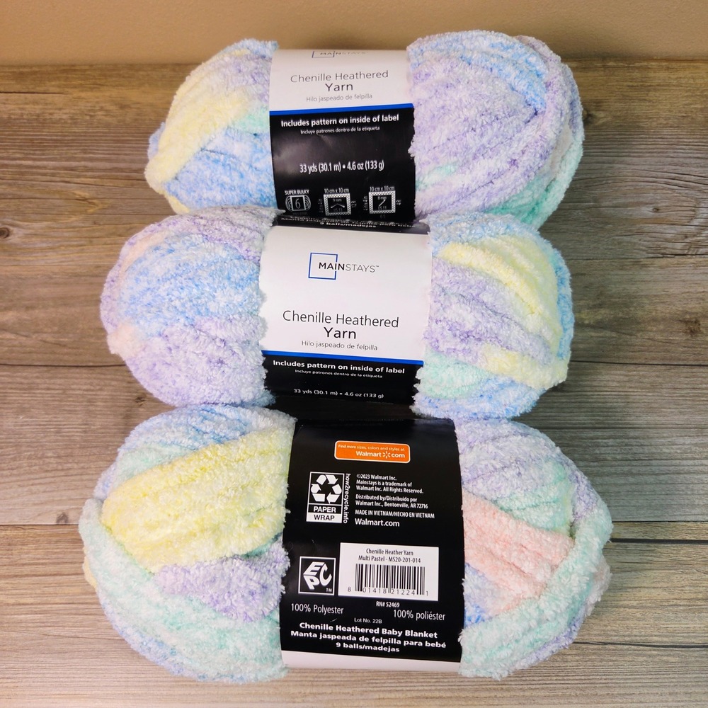 Mainstays Chenille Heathered Yarn Multi Pastel Super Bulky 6 Lot of 3 New 99 Yds